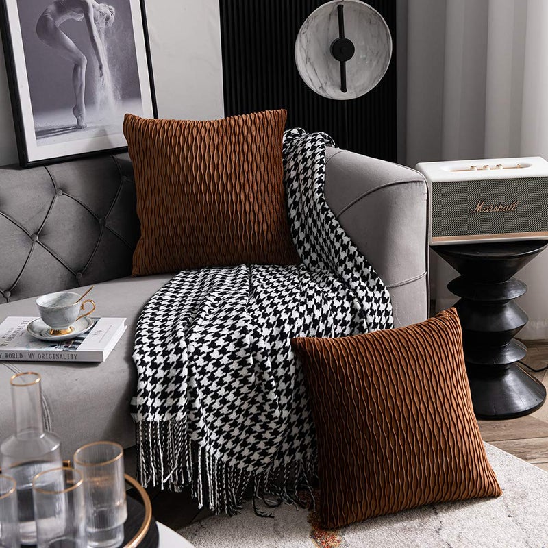 DEZENE Light Brown Throw Pillow Cases: 2 Pack 18x18 Inch Original Stripe Velvet Square Decorative Pillow Covers for Farmhouse Couch - Image 3